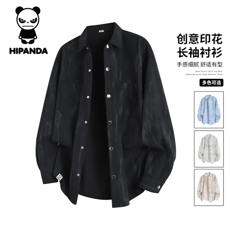 Hi Panda你好熊猫美式扎染长袖衬衫男士秋季新款宽松翻领休闲外套