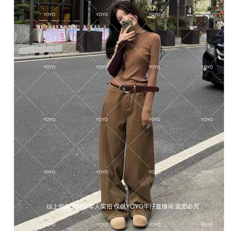 YOYO自制1【茶棕牛仔】加绒加厚冬款复合水貂绒显瘦阔腿拖地裤