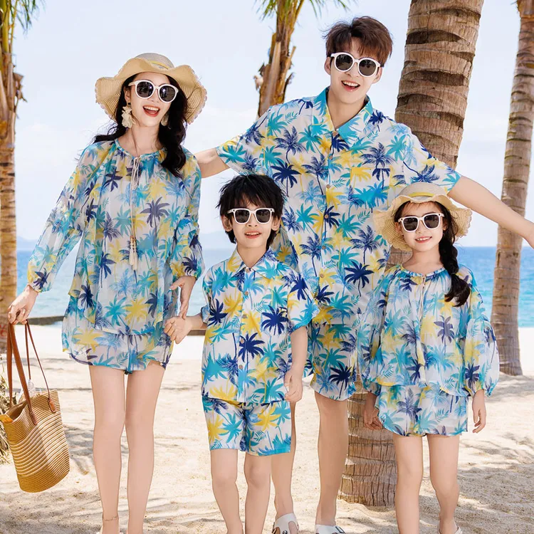 亲子装三亚海南西双版纳一家三四口母女沙滩海边度假夏季衬衫套装