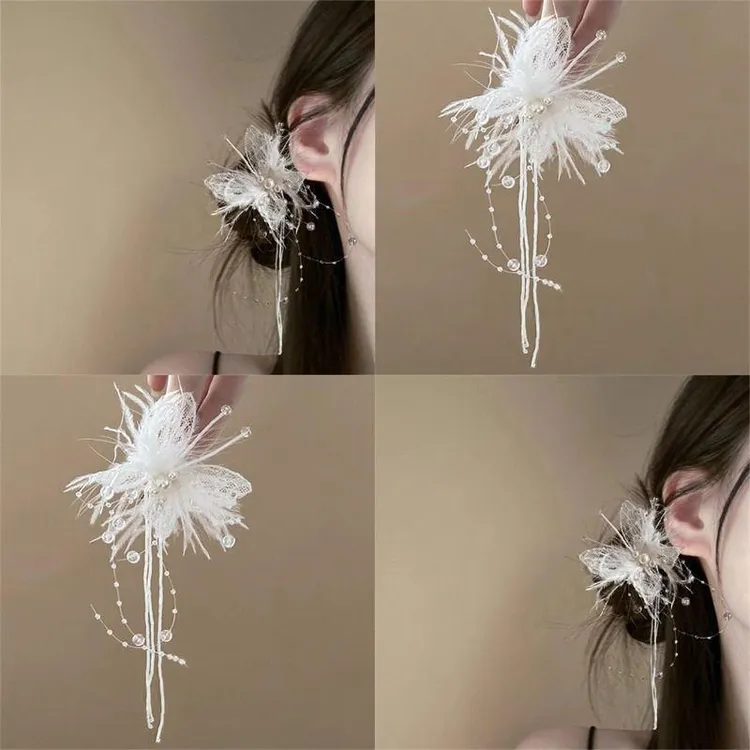 超仙蕾丝羽毛蝴蝶发夹刘海夹珍珠夹子拍照氛围感侧边夹头饰