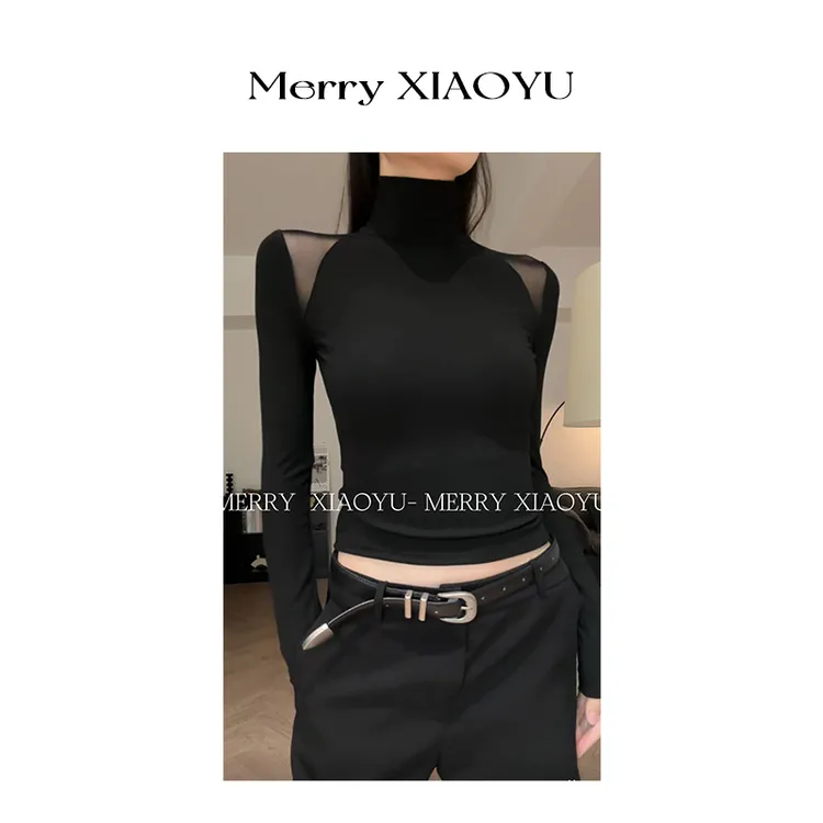 【小鱼】秋冬新款辣妹网纱设计小众长袖修身显瘦百搭气质上衣