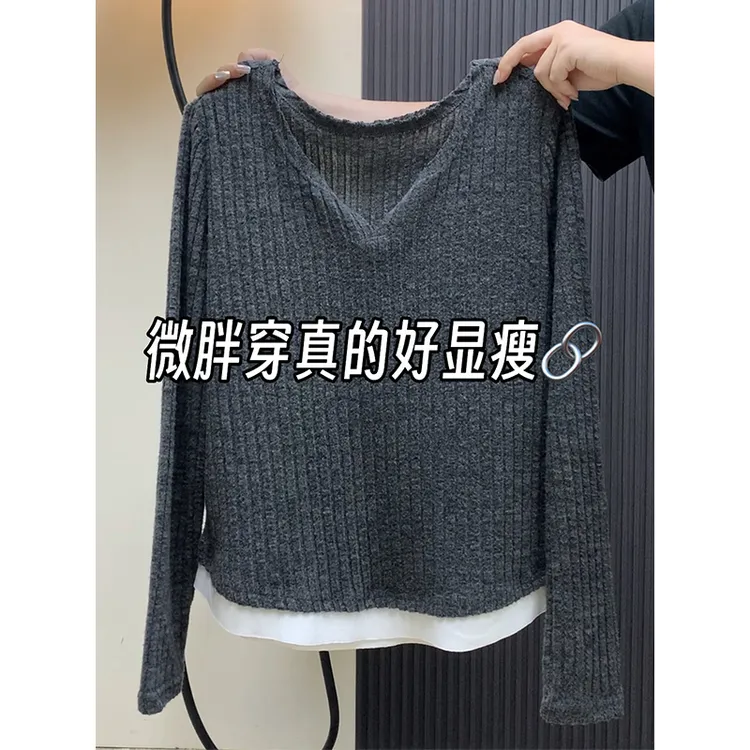 大码200斤别致独特小v领假两件长袖t恤女韩系减龄显瘦百搭上衣ins
