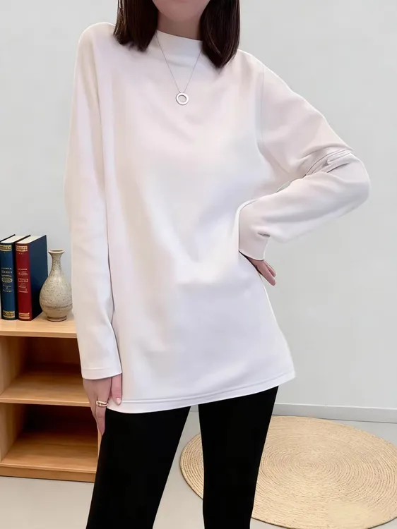 加绒加厚白色打底衫女秋冬内搭叠穿保暖宽松遮屁股中长款t恤上衣
