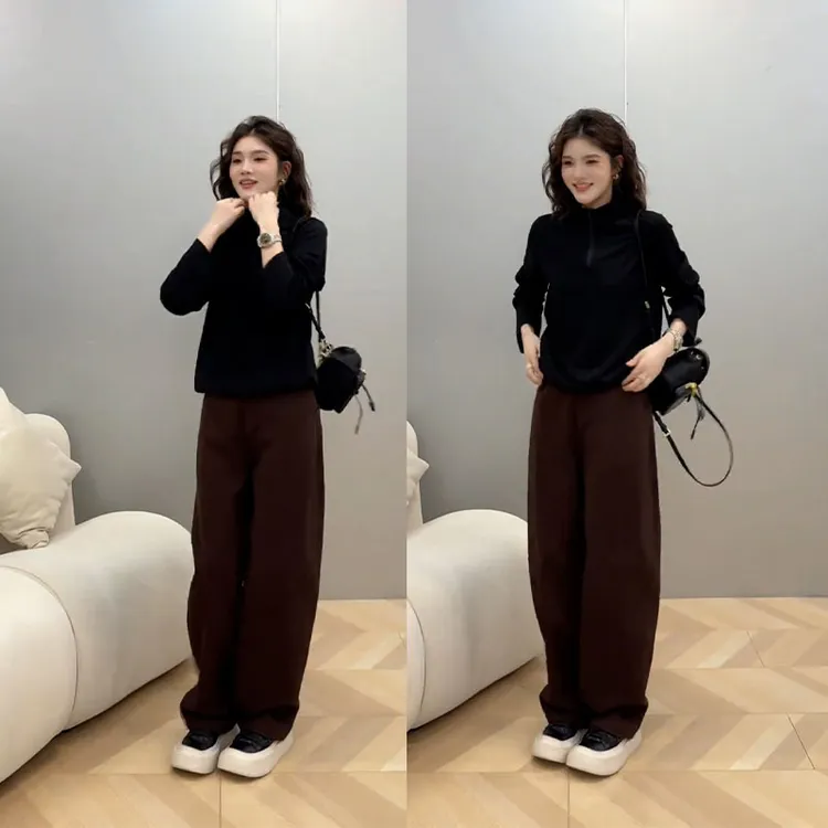 早秋高级感时尚百搭套装宽松立领短款卫衣搭配高腰阔腿裤两件套装