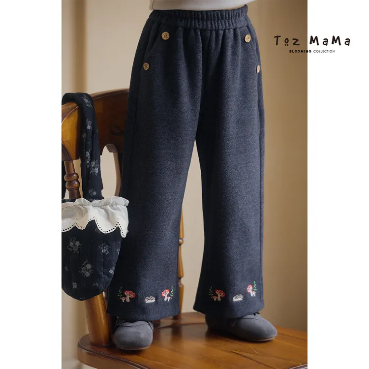 Toz Girls豆几妈秋冬趣味绣花直筒休闲裤厚女童宽松毛呢阔腿裤