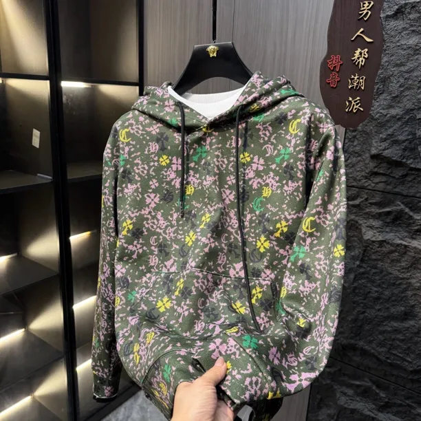 提花长袖秋季卫衣磨边连帽套头款加绒加厚款圆领冬季4006