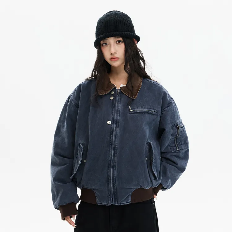 ISLAND美式复古巴恩风水洗做旧飞行夹克短款外套男女加厚保暖棉服