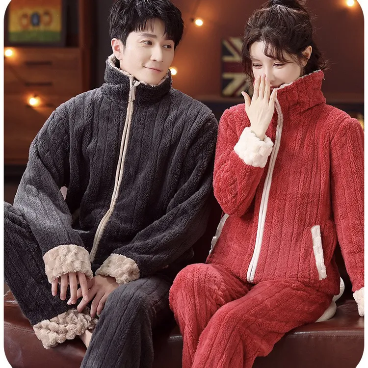 情侣睡衣冬季女生珊瑚绒批发加绒加厚翻领拉链款睡衣女家居服套装