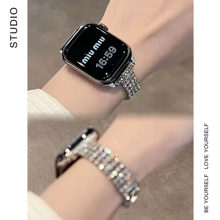 高级感闪亮镶钻适用苹果appleiwatch98手表表带华强北s10女夏金属