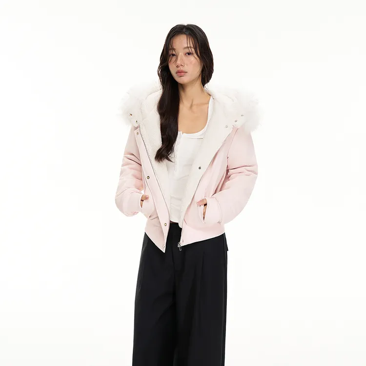 HEYABC 冬款可拆卸毛领粉色连帽夹克女慵懒风羊羔毛夹棉加厚外套