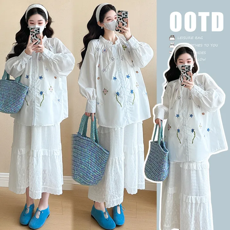 孕妇装春装实拍春季新款韩版宽松刺绣衬衫孕妇套装两件套白色上衣
