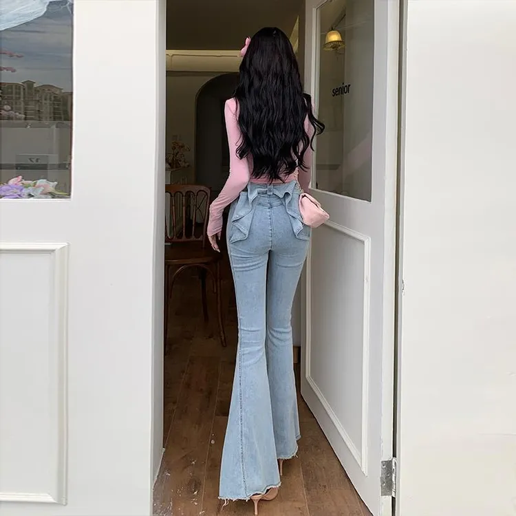 亦菲同款立体蝴蝶结牛仔裤女2025春款欧若风高腰显瘦翘臀喇叭裤子