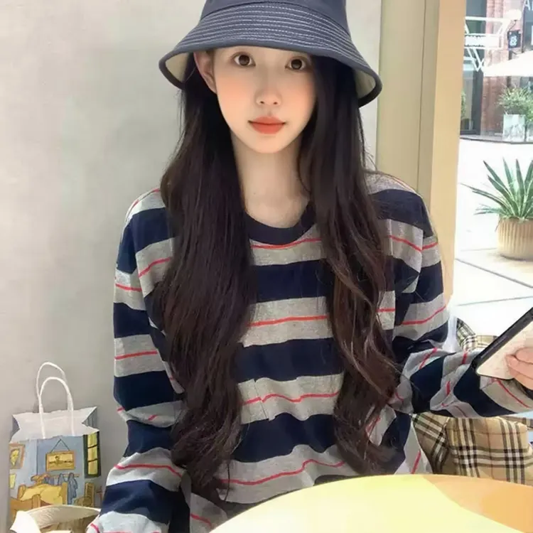 网红洋气韩版ins针织通勤显瘦条纹宽松长袖圆领早秋好看上衣女T恤