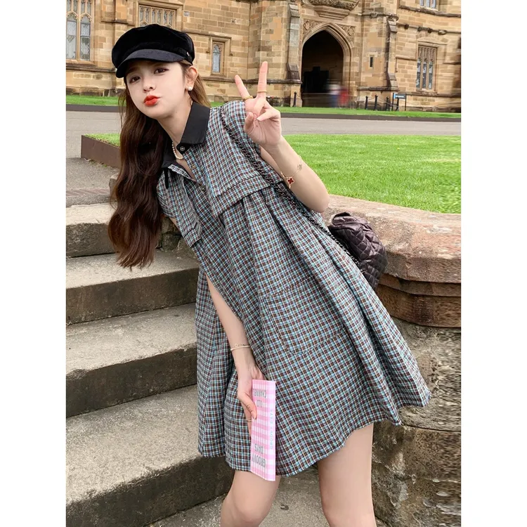 蓝色格子衬衫连衣裙女夏2025新款小个子学院风减龄宽松显瘦a字裙