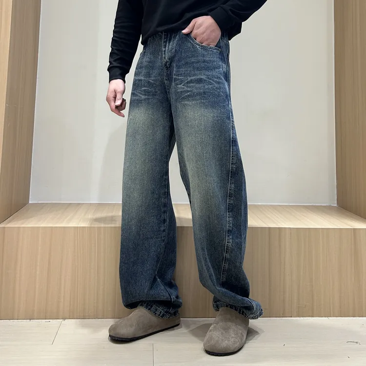 阔腿裤秋季拉链男士弯刀裤泼墨牛仔裤直筒裤宽松复古休闲长裤男