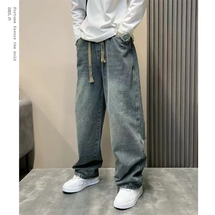 秋冬加绒复古牛仔裤男美式潮牌高个子加长直筒裤痞帅高街阔腿裤