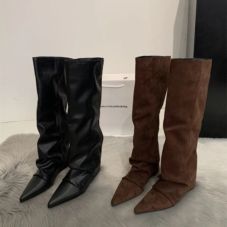 尖头内增高7cm高筒裤管靴女2025新款磨砂宽筒骑士靴不过膝长筒靴1