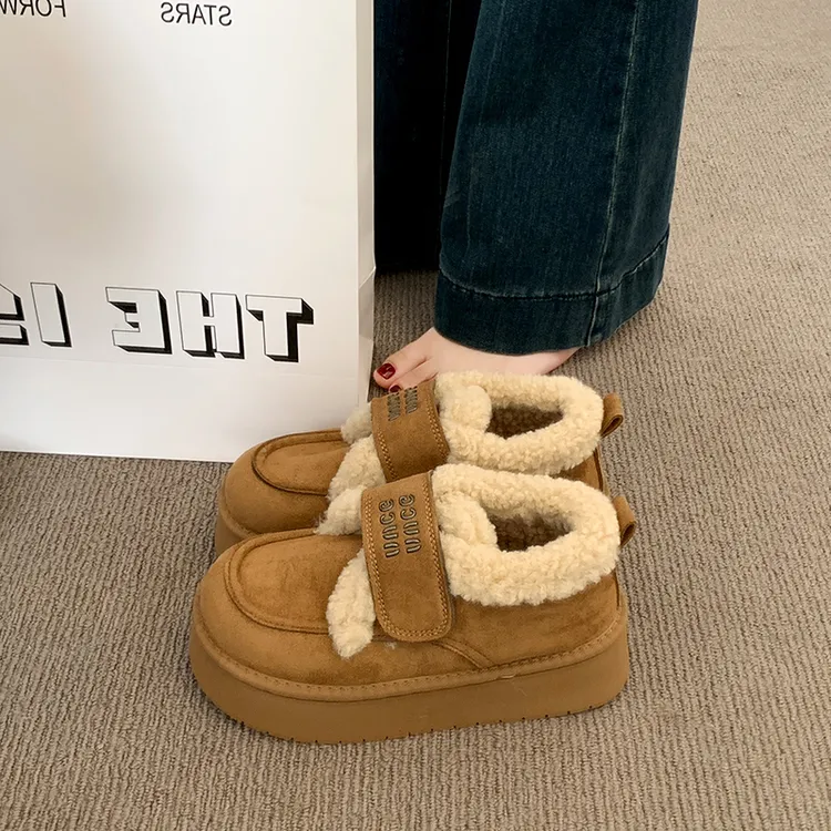 啄木鸟防滑保暖棉鞋女冬季2025新款加绒加厚乐福鞋厚底羊羔毛毛鞋