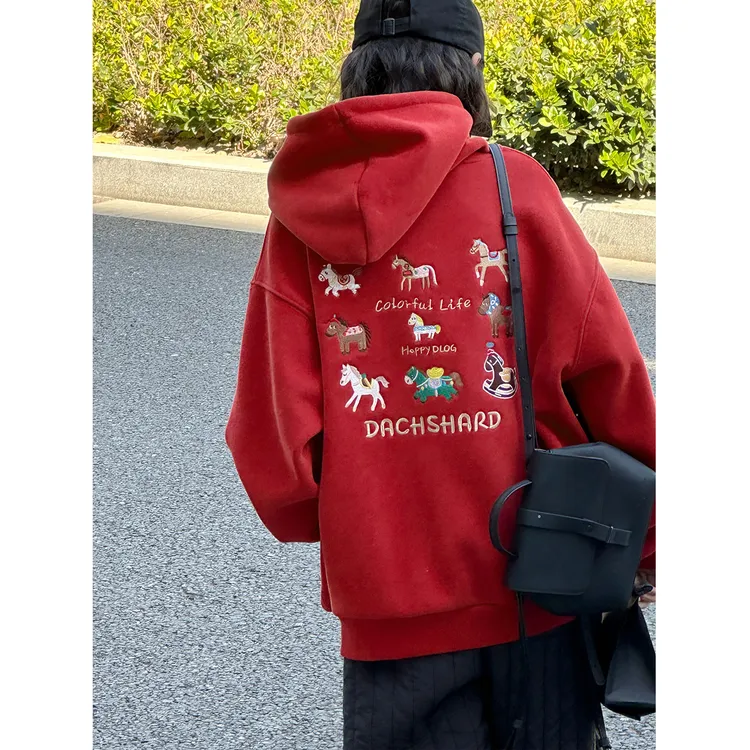 K30335孙小美小马女童加绒连帽卫衣秋冬装儿童加厚上衣红色新年