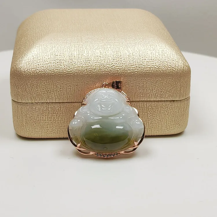 缅甸高端翡翠飘绿花佛公吊坠银包边镶嵌糯冰种肚里藏金弥勒拂女士