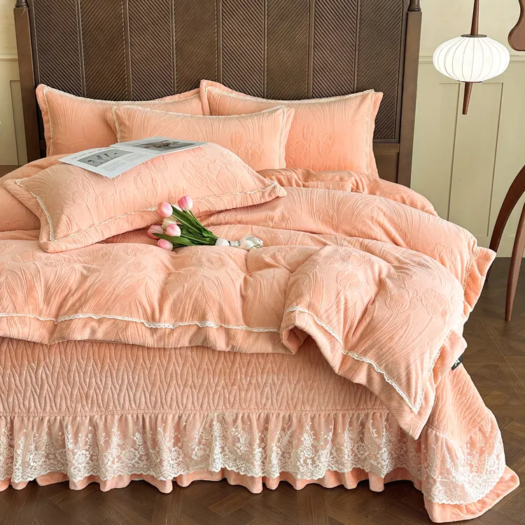 冬天加厚床盖款牛奶绒亲肤透气轻奢纯色保暖双面绒床上用品四件套