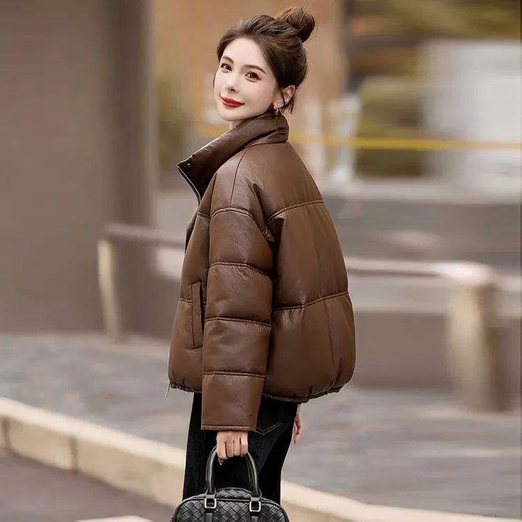 秋冬短款羽绒服宽松加绒韩版保暖立领冬季洋气冬装女PU皮