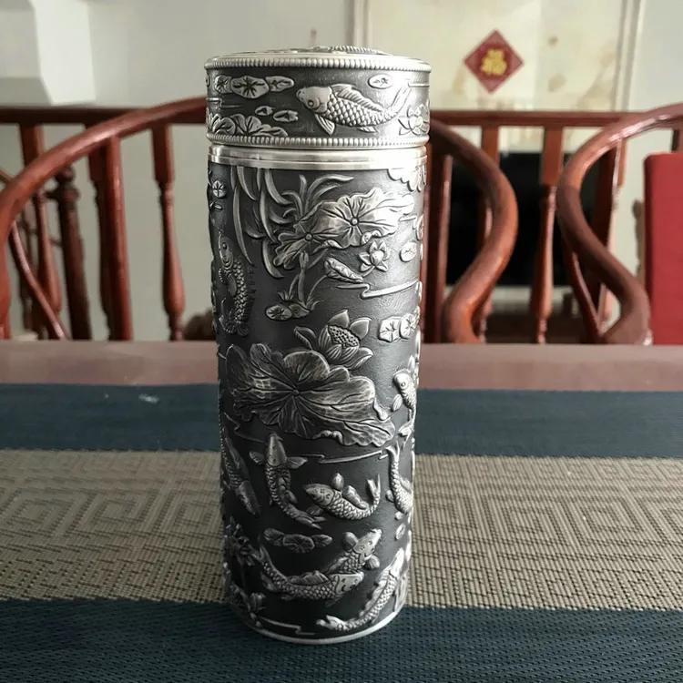 足银银制品 足银999莲年有余款保温杯内外纯银复古手工泡茶杯隔热