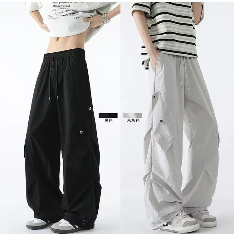 美式街头褶皱设计运动裤男春秋季潮牌宽松工装长裤透气学生休闲裤