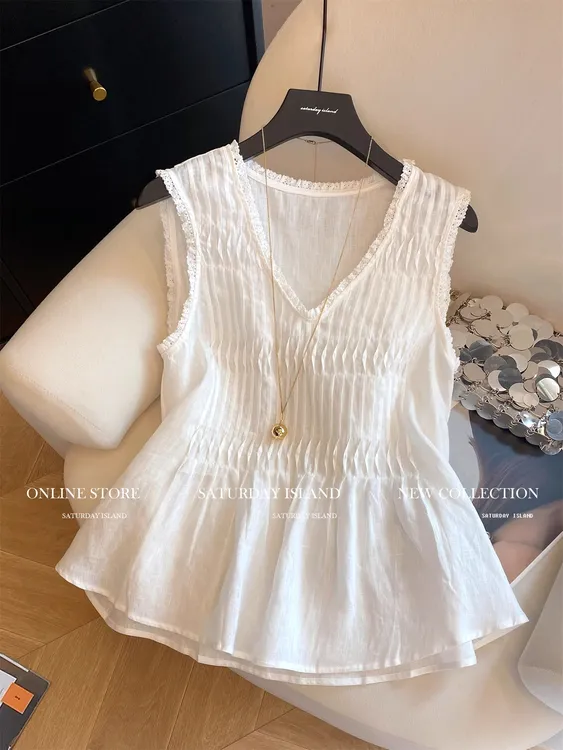 法式蕾丝拼接褶皱V领无袖休闲背心女2025夏新款时尚气质百搭上衣