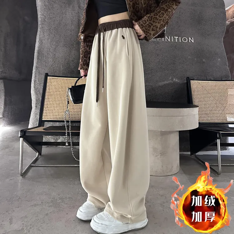 秋冬加绒加厚休闲运动卫裤女冬季高腰宽松显瘦阔腿直筒小马弯刀裤