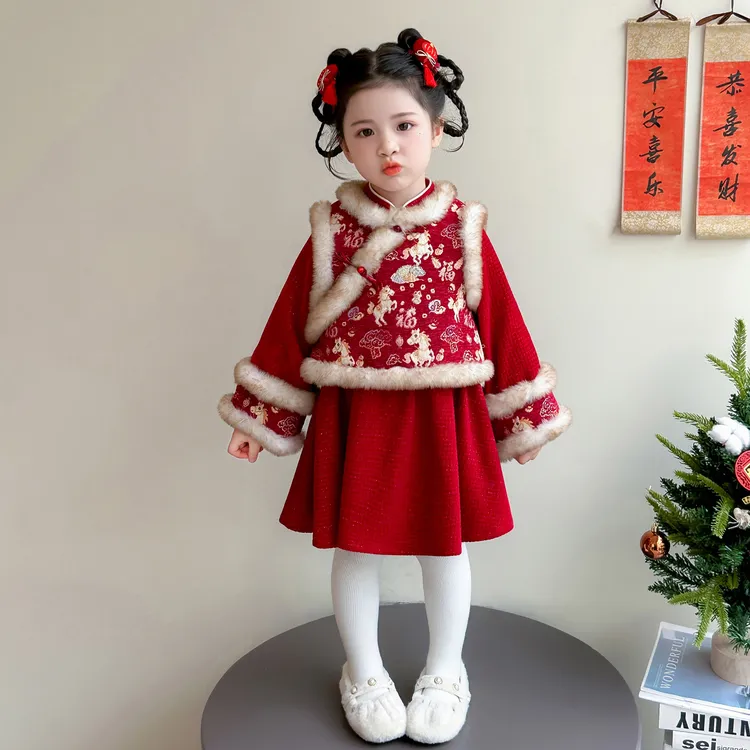 汉服女童马年拜年服冬季新款儿童裙子两件套女宝宝过年喜庆连衣裙
