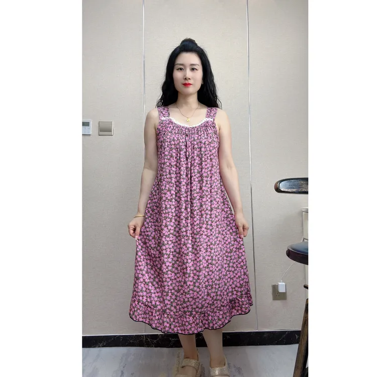 1507棉绸人造棉宽吊带女士中长款睡裙显瘦碎花裙夏季印花无袖韩版