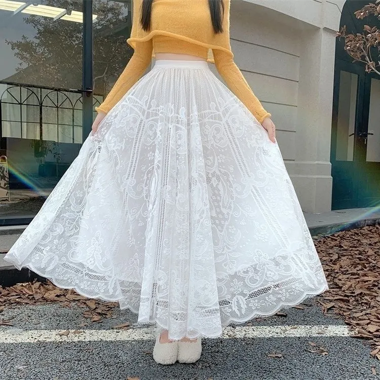 a字半身裙夏季薄款蓬蓬裙白色蕾丝网纱裙旗袍内搭打底可单穿大摆