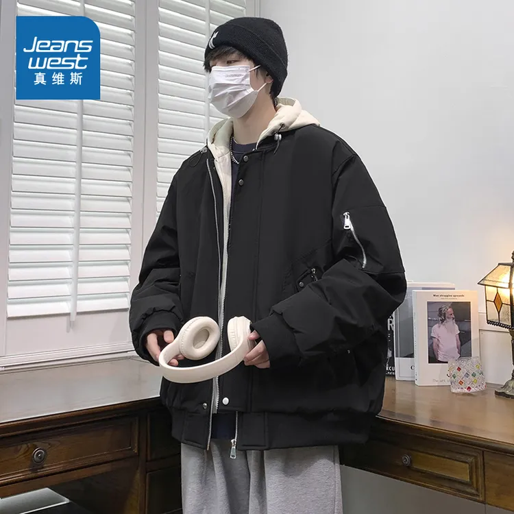 真维斯男士拼色拉链棉服冬季新品保暖御寒港风潮牌连帽夹克外套LR