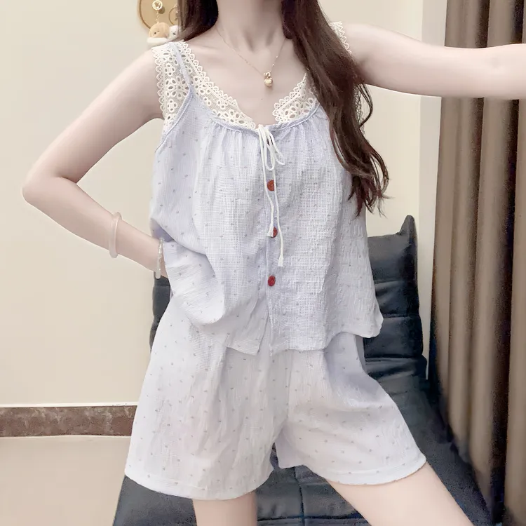 睡衣女夏季吊带花边蝴蝶结甜美风云朵棉夏天新款网红风家居服套装