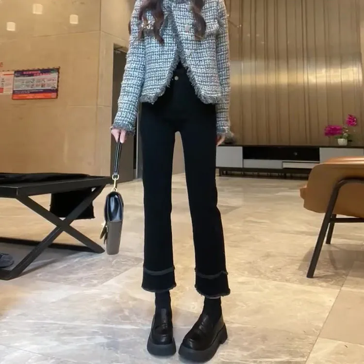 港风复古黑色毛边牛仔裤女春夏季新款高腰显瘦弹力百搭九分烟管裤