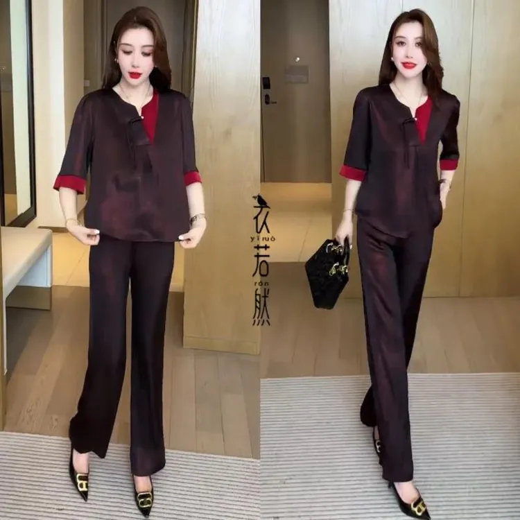 冰丝时尚套装女夏季新款中年妈妈装洋气盘扣短袖上衣阔腿裤两件套