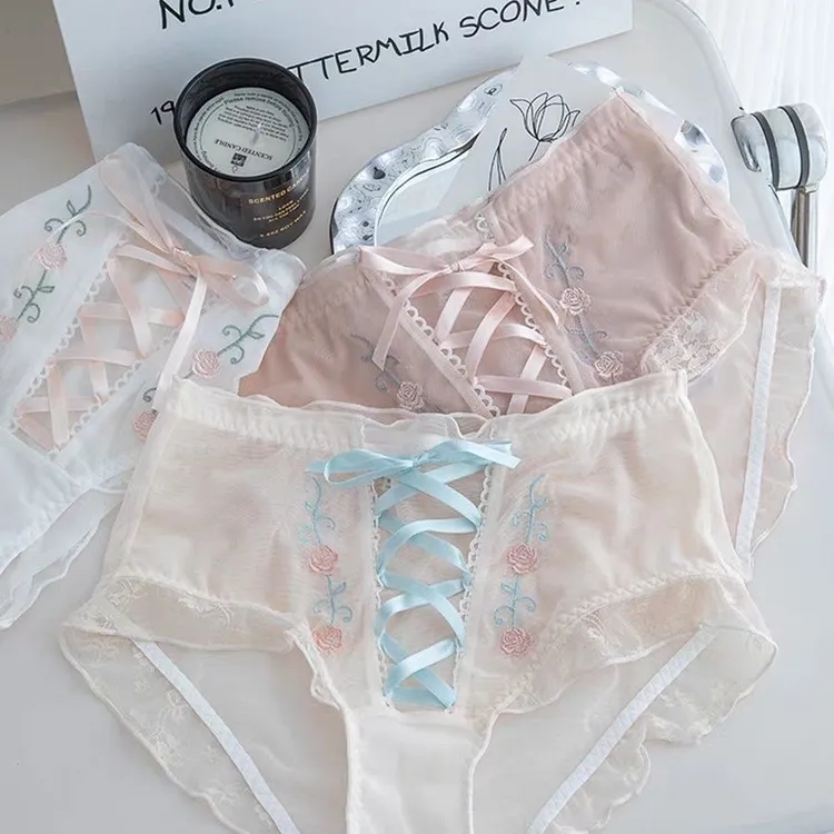 夏季超薄透气日系大码蕾丝蝴蝶结少女绑带国风刺绣女士内裤