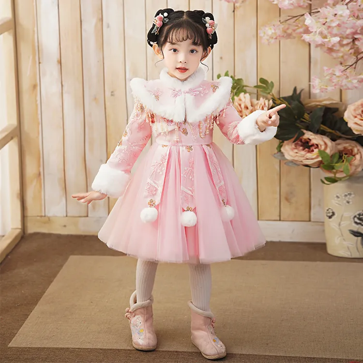 A361女小童汉服加绒保暖旗袍裙子小女孩公主裙周岁新中式裙子