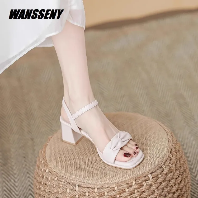 WANSSENY2025新款女士粗跟不累脚一字带凉鞋时尚舒适配裙子高跟鞋