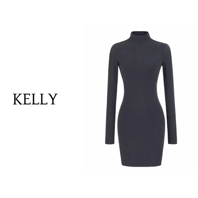 KELLY/太辣啦/秋冬半高领气质加绒连衣裙/修身高弹百搭包臀裙