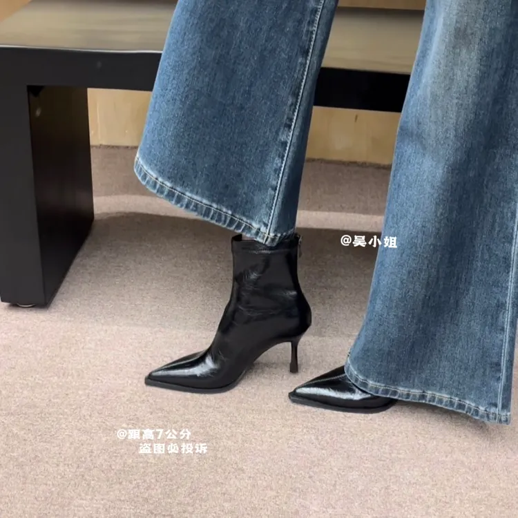 2025秋冬新款辣妹高跟时装靴时尚百搭尖头细跟后拉链弹力瘦瘦靴