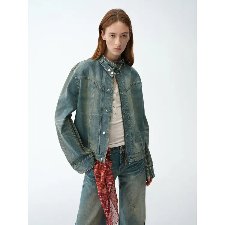 【摩登时髦主义】付智恩 威尔士 手工PU涂层立领机车牛仔夹克春