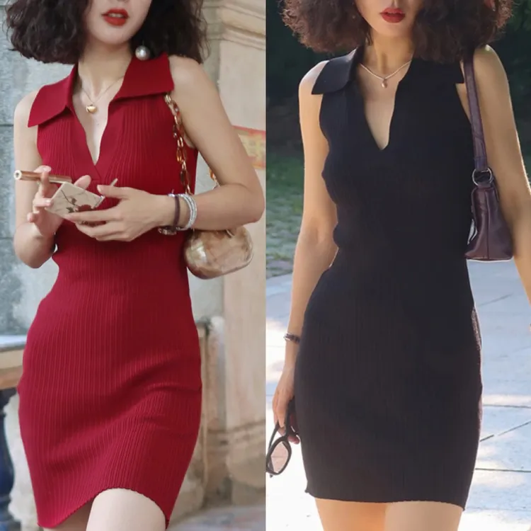 女装连衣裙夏季2025新款爆款Polo衫法式小黑裙修身复古无袖包臀裙