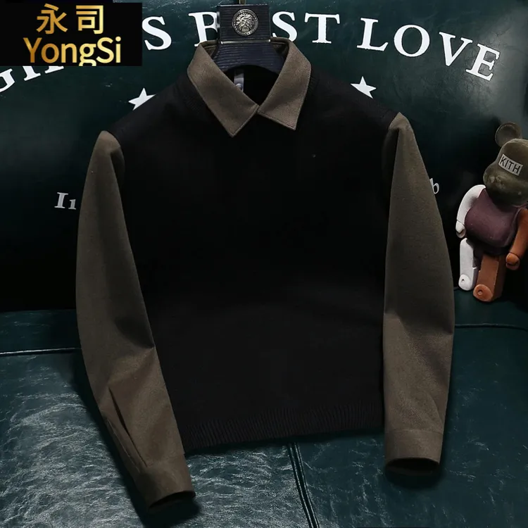 冬季男士假两件衬衫领毛衣韩版潮流时尚修身百搭针织打底衫上衣潮