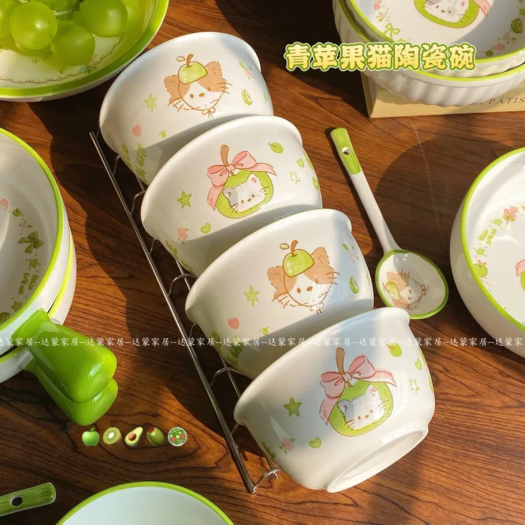 青苹果猫陶瓷碗米饭碗小清新高颜值可爱家用碗早餐碗