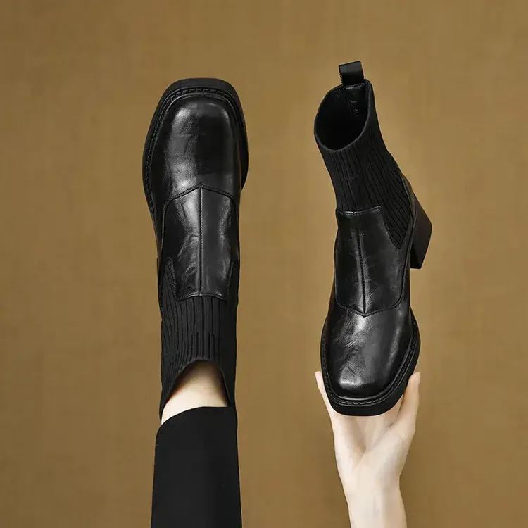 百搭鞋子秋冬靴子女 粗跟短靴女2025新款方头弹力瘦瘦靴351