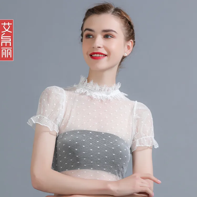 白色半高领蕾丝打底衫女春夏新款洋气内搭薄纱衣薄款网纱半截上衣