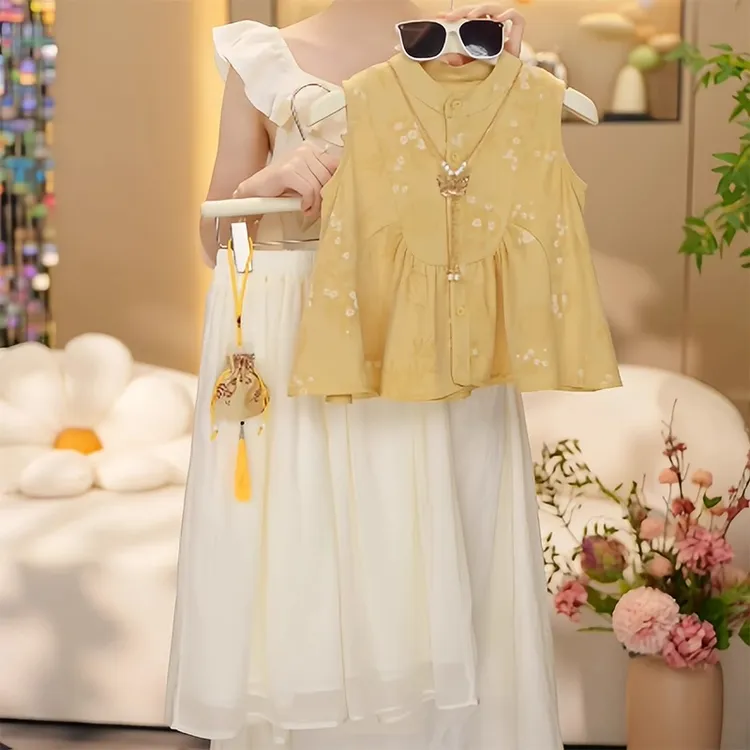 女童新中式套装夏季2025新款潮儿童宽松夏装女孩背心阔腿裤两件套