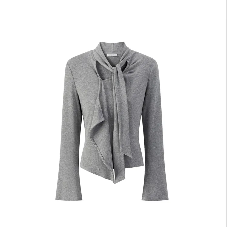 2025秋季新款不规则荷叶边飘带长袖T恤显瘦气质灰色修身正肩上衣